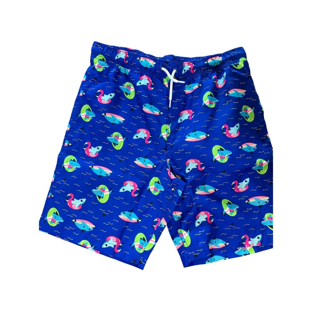 Lands End Swim Trunks Electric Blue Funny Sharks XL